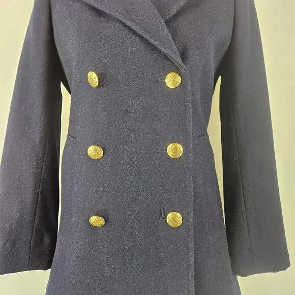 J. Crew Navy Wool Blend Double Breasted Collared Peacoat Gold Shield Buttons 0 - Picture 5 of 13